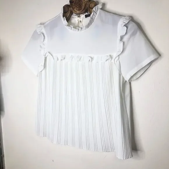 Maje Top Lamou Blouse Bow Back White High Neck Ruffle Pleated Short Sleeve